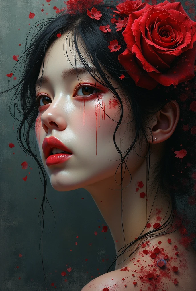 Black and white，Absolutely beautiful women，Bust，Broken mirror，Split black and white，red tear rack and white paint，Broken，white with sublevel rack，Eroded by darkness and light，Symetrical、wingspan、angelicales、hi-school girl、Floating in the air