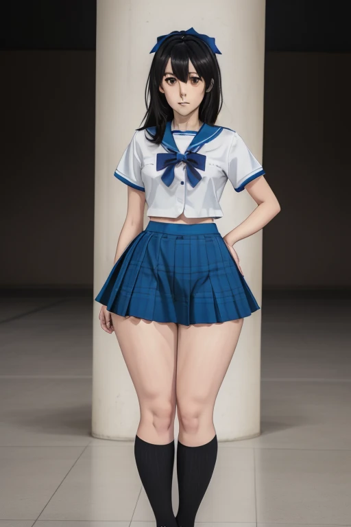 NSFW, 1 female,short hair,A woman wearing a sailor suit with large breasts,No skirt,whole body,((Masterpiece)),((Ultra High Quality)),(Perfect Anatomy)Are standing,No underwear,Sailor suit, Underboob,Beautiful thighs,High heels,Thigh-high socks,Beautiful Abs,