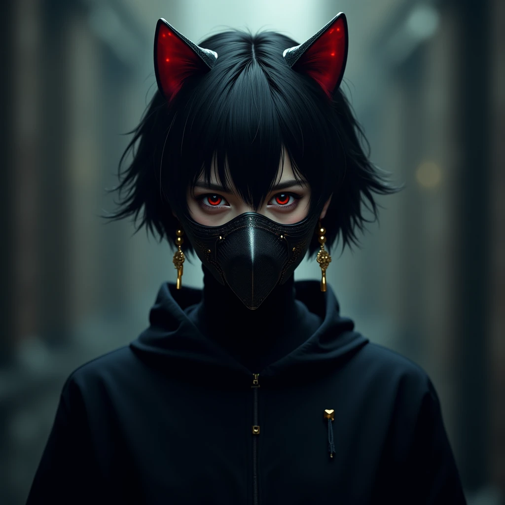 masked
man
solos, 


high resolution, black hair, shortcuts, red hair, earrings, Cat ears, standing up picture, mask, 