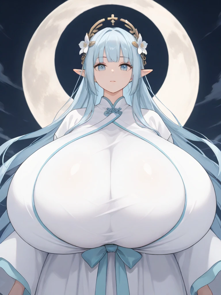 (masterpiece, best quality, high quality, highres:1.4), detailed, extremely detailed, ambient soft lighting, 4K, 1girl, (elf, mature female, milf:1.2), (long hair, white hair, big hair:1.3), (red eyes:1.2), (big breast:1.2), cleavage, white dress, outdoor, night, grass, moon <lora:celestine-lora-v1.5-naivae-4ep-32dim:0.6>, dynamic pose, seductive smile, eye contact, looking at viewer, (big ass:1.3), (round ass:1.2)