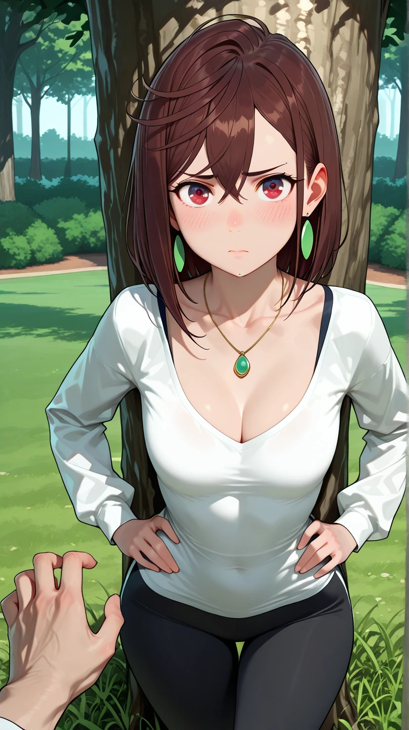 Eine Jedi Frau mit langen roten Haaren. zu einem Zopf gebunden. Mantel, Reizunterwäsche, green light sword in hand. Wald im Hintergrund. very big breasts. NSFW (NSFW)