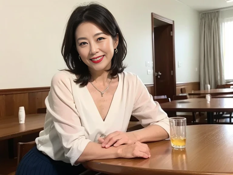 8k wallpaper, masterpiece, Highest quality, Very detailed, One Mature Woman, 50 years old, Become very clear, Wearing a short-sleeved knit, Skin dents, Captivating smile, Looking at the audience, No lapel microphone, Plump, Curvaceous, Attractive face, Smiling with teeth showing, I was happy, sitting in a cafe, Background Blur