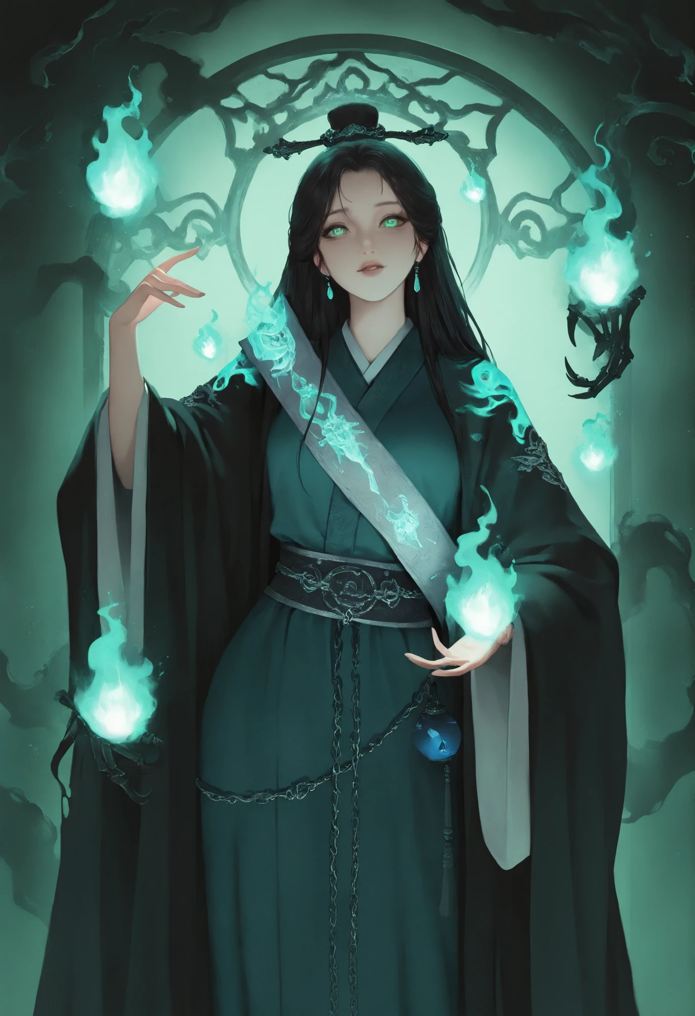 1girl,ghost envoy, tattered Ming-style official robe, (rusted soul-chain girdle:1.2), hanged-man silk sash, flickering blue lantern flames, torn judgment scrolls, skeletal hand gestures, floating in necropolis fog, (eerie green lighting:1.1), shadowy underworld gates in distance
,masterpiece, best quality, newest, highres, absurdres,