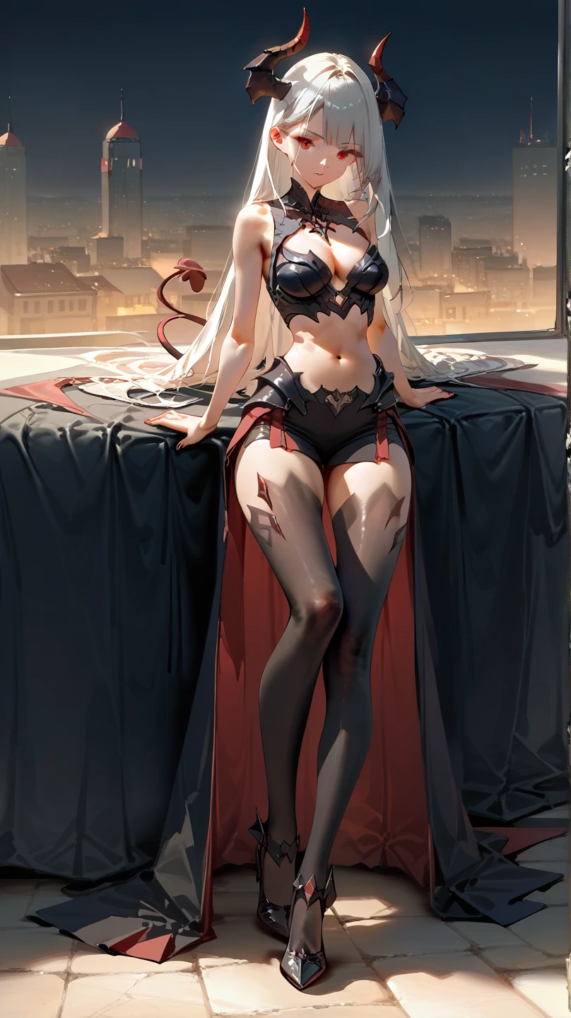 full body standing looking to the camera, grey skin, drow, elf, 1girl, mature, golden eyes, white hair, black bikini, abs, big knockers, tatter rags, chain collar, stomach tattoo (red tattoo) big breast