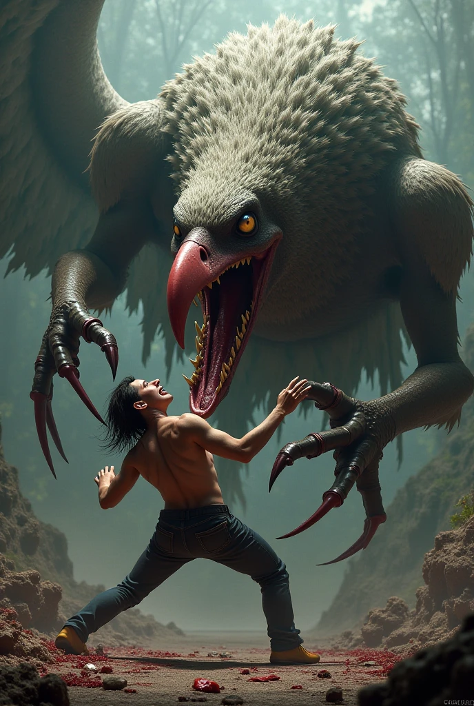 Create a picture of a heavenly wounded and, everywhere blood on her face and, body, feared very long orange-haired woman, wearing primitive animal clothes and a primitive long sword in her hands, on the ground before him. and a Pterosauri attacks the woman who invades his normal habitat.
