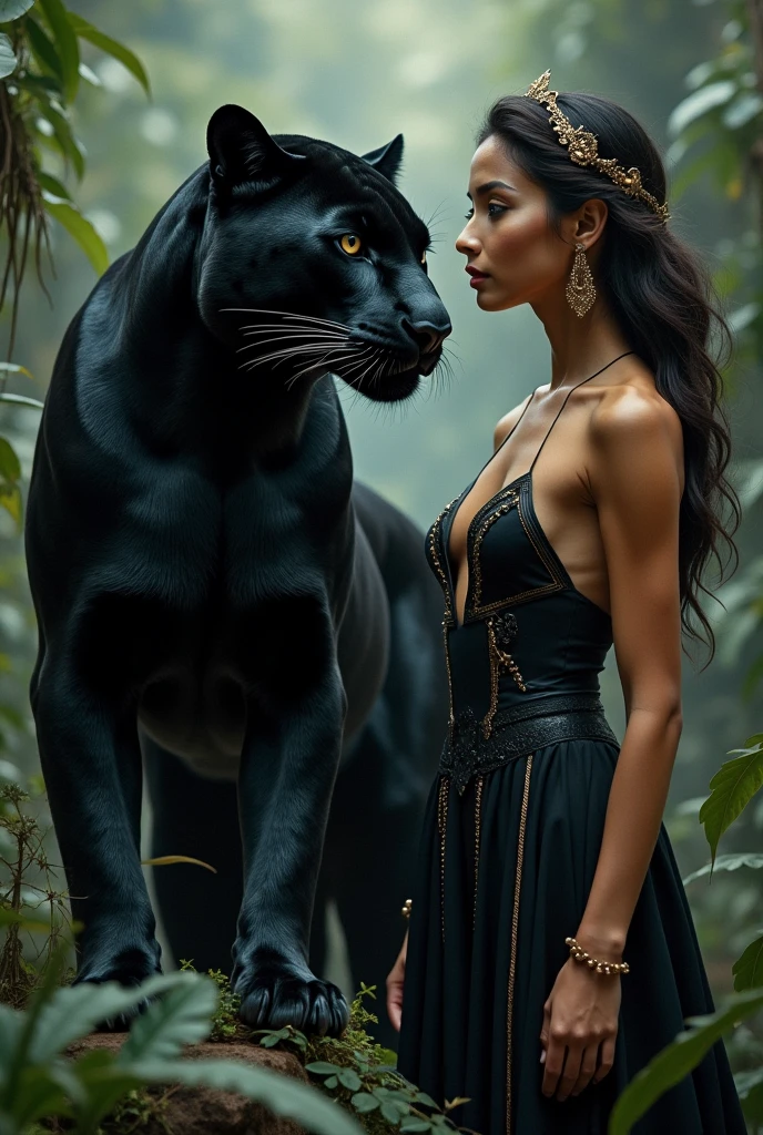 a young woman dancing with a black panther animal