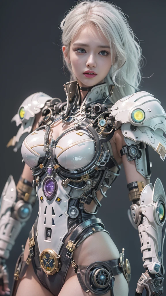 Masterpiece, high quality, 3D, 8K CG, intricate details, detailed background, sacred. Jewelry, by Dylan Kowalski, ((1girl)), upper body, muscular, sunken skin, side-vision, short hair, prosthetics, robotic arm, synthetic skin, holographic, titanium, clockwork, garbage, frayed edges, robot, cyberpunk, delicate facial features, long white hair, realistic,