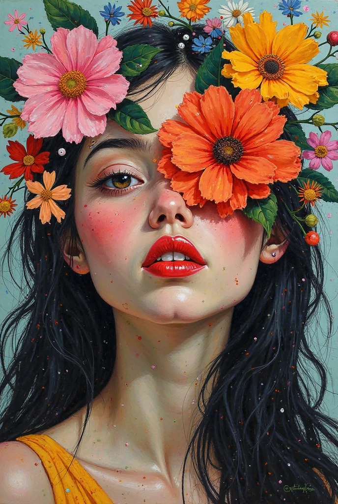 ( Oscar Kokoschka's style :1.2),( abstract expressionist art :1.2)  A girl's eyes should be playfully covered with flowers，Show only lips and nose ，The hair should be long