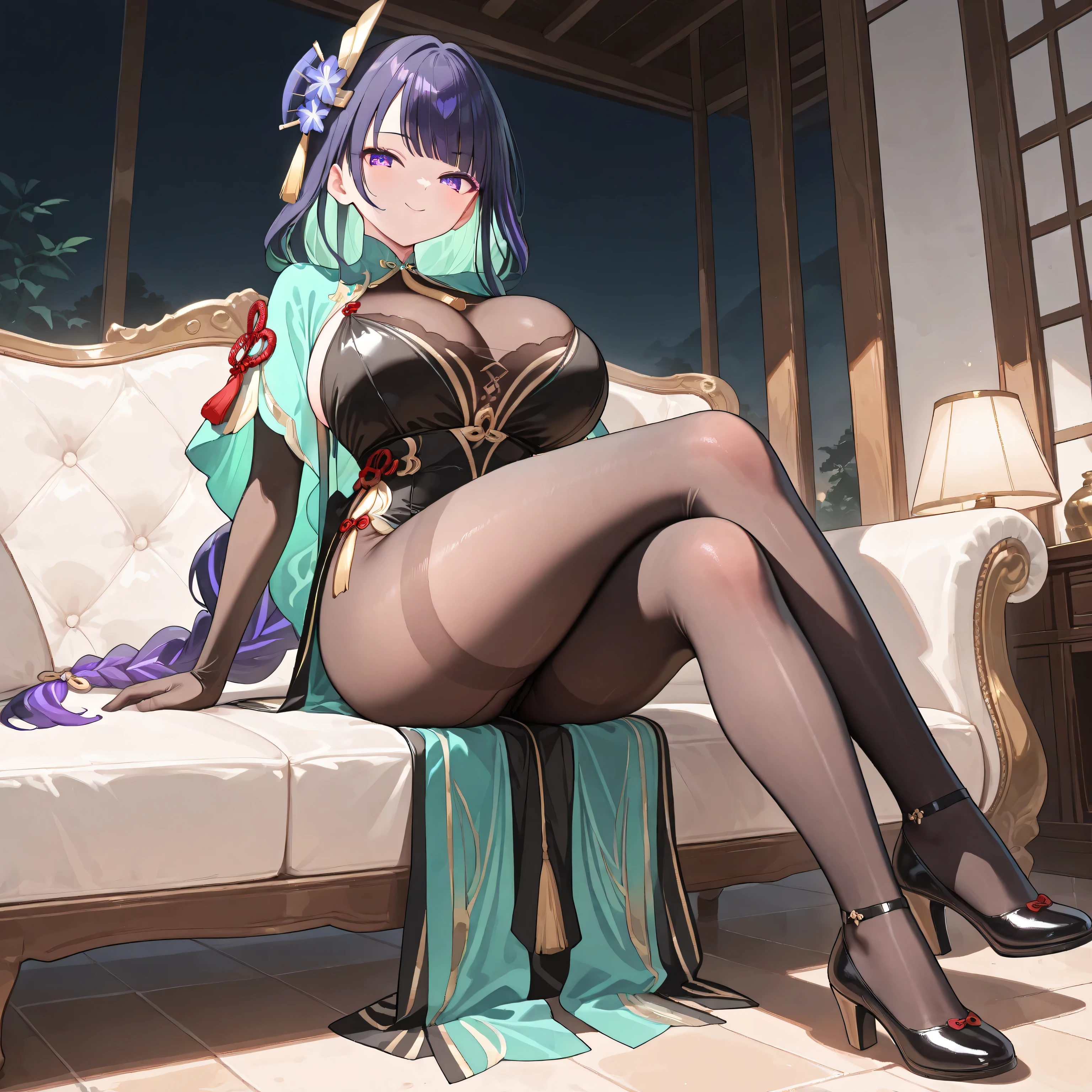 masterpiece, best quality, very aesthetic, absurdres, safe, raiden shogun, beautiful purple eyes ,long braided hair, long purple hair , xianyun costume ,The character is dressed in a flowing, elegant ensemble that blends traditional East Asian aesthetics with fantastical elements. The main garment is a dark, possibly black or deep teal, long dress with intricate patterns and detailing suggesting a high-quality fabric. The dress features a high collar and a fitted bodice that flares slightly at the waist before falling into a long, graceful skirt. Over this dress is a lighter, teal and mint green, semi-sheer overdress or robe with wing-like extensions at the sides and back. This overdress is adorned with what appears to be gold or metallic embroidery, further enhancing the luxurious feel of the garment. The character also wears long, dark stockings or leggings and stylish, pointed-toe heeled shoes with gold accents. A small, dark tassel hangs from the collar of the inner dress, adding a final touch of detail, ultra very big breast, smile face, sexy pose, fullface body, serious face ,solo woman , anatomical details , drawstring , outdoor , best quality , good eye , sit on sofa, apartement, livingroom, look a viewer , plump thighs , perfect background , Oppai / Large breasts slim body , seductive pose , sexy black pantyhose , only one woman , perfect big thighs , side , 8k resolution, hair ornament, xianyun costume