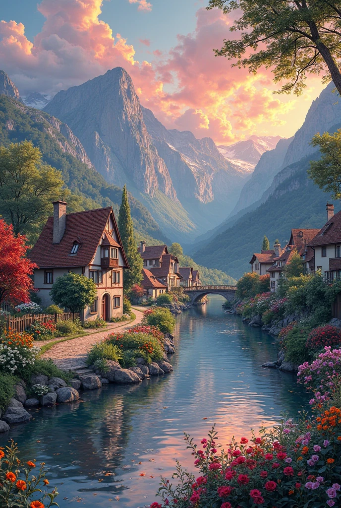 A small village by the river, color of the mountain in the background, colorful flower flowers, detailed landscape, beautiful natural scenery, atmospheric lighting, scorching sunset, warm colors, Practical, фотоPractical, detailed foliage, complex buildings, paved street, charming country house, swirl bright colors, lush vegetation, reflections on water, picturesque, idyllic, artwork, the best quality, 8k, very detailed,  anime stylization 