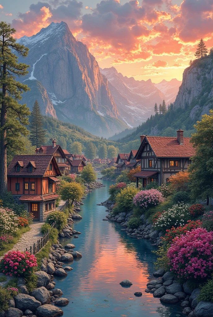 A small village by the river, color of the mountain in the background, colorful flower flowers, detailed landscape, beautiful natural scenery, atmospheric lighting, scorching sunset, warm colors, Practical, фотоPractical, detailed foliage, complex buildings, paved street, charming country house, swirl bright colors, lush vegetation, reflections on water, picturesque, idyllic, artwork, the best quality, 8k, very detailed,  anime stylization 