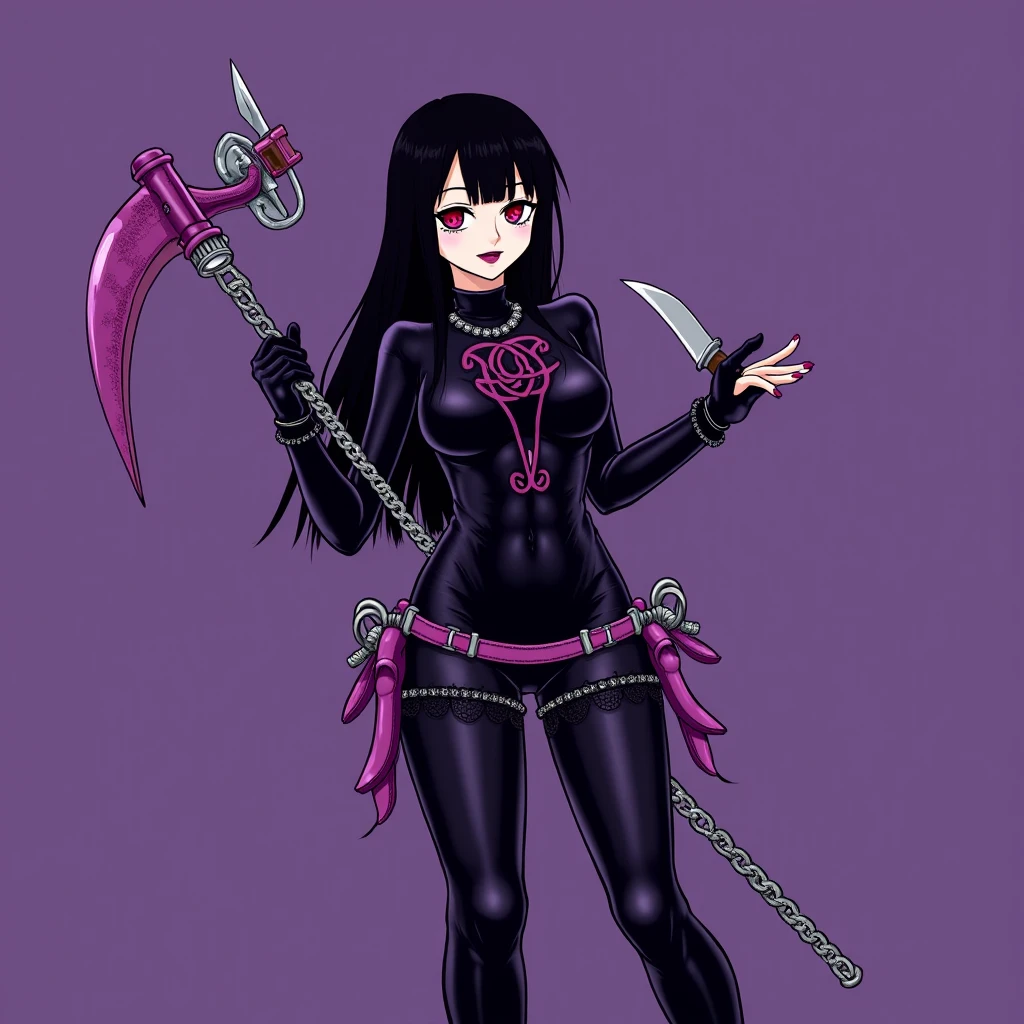 best quality, (masterpiece),(ultra-detailed), (high quality), (high resolution), <lora:CultistChan:0.7>,1girl, against wall, axe, belt, belt buckle, black thighhighs, breasts, checkered background, choker, cleavage, cultist chan, gloves, jewelry, large breasts, medium breasts, navel, neck bell, o-ring, open mouth, pussy, red eyes, purple eyes,  hair, scar, sharp teeth, skull, smile, strapless, striped, tattoo, thighhighs, tube top, underwear