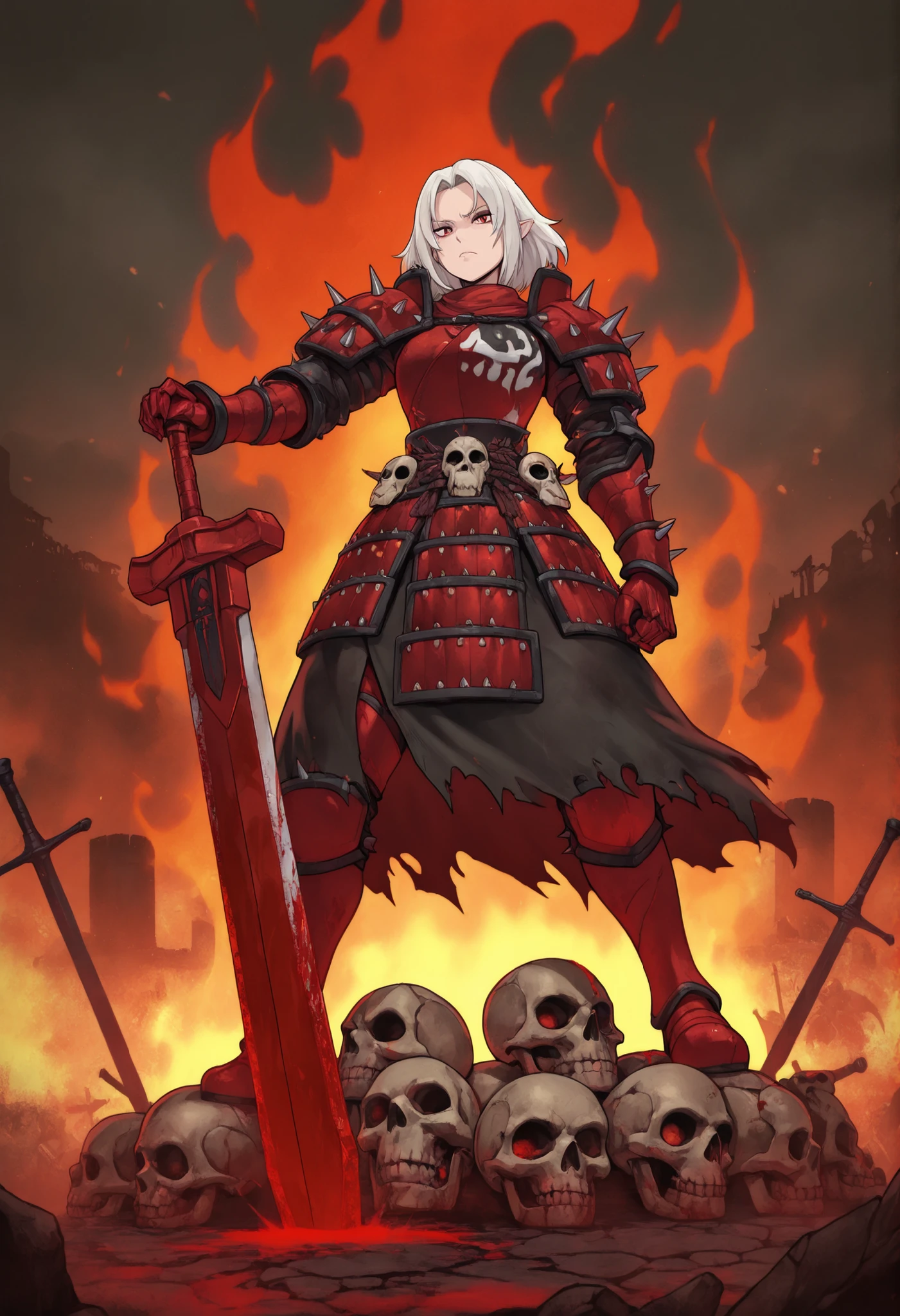 1girl,asura warlord, battle-scarred crimson lamellar armor, (skull-spiked pauldrons:1.2), severed-head trophy belt, boiling blood mist aura, notched greatsword, standing on war chariot, (dramatic war smoke:1.1), burning fortress ruins background
,masterpiece, best quality, newest, highres, absurdres,