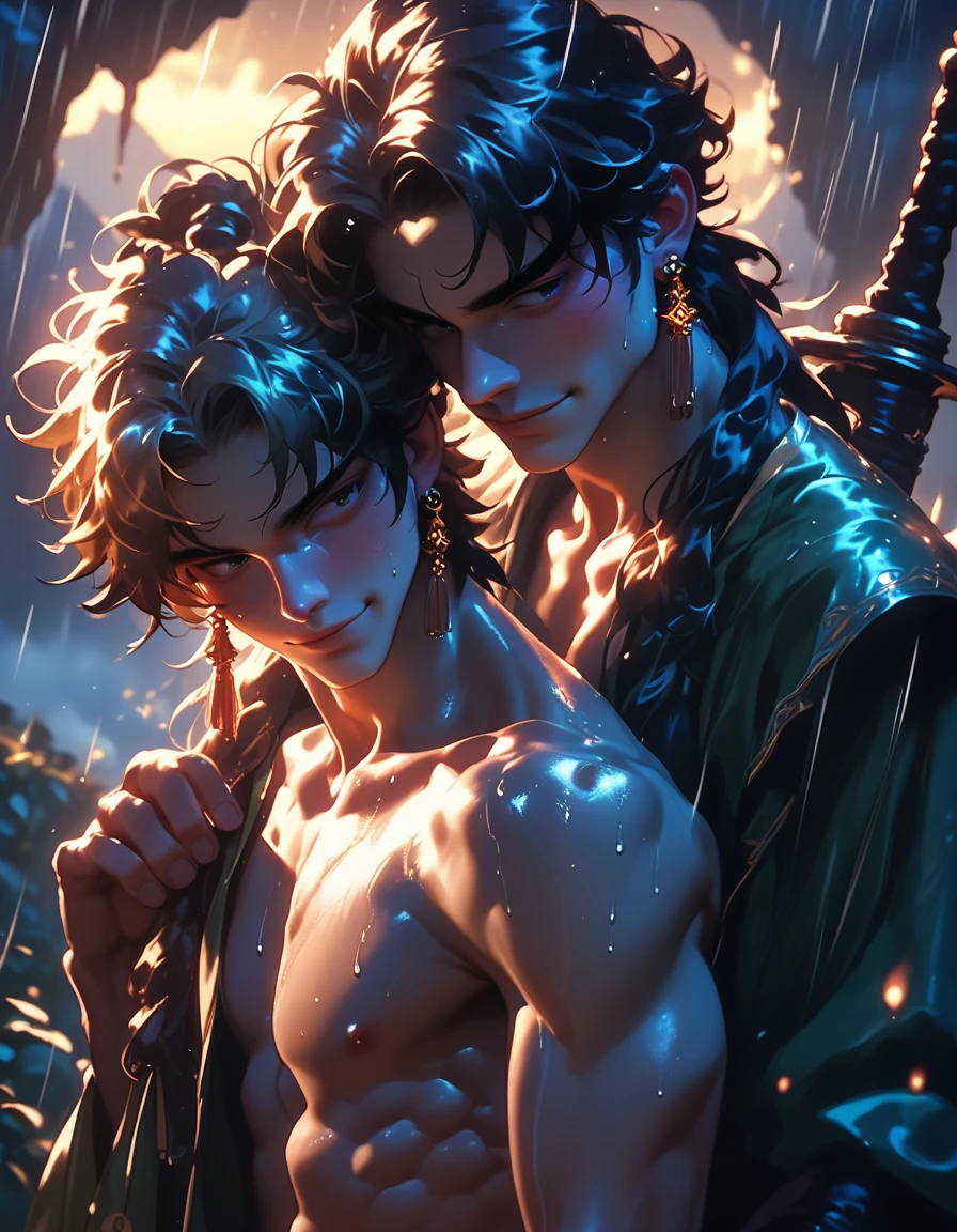 Multi-person interaction, intimate couple, beautiful composition, gorgeous underwater light, "1boy, (Sousuke Aozen), close-up, badass pose, bleach, powerful aura, purple aura", HD, unparalleled masterpiece, dynamic lighting, movie, epic, and "1girl, (dynamic pose), confident powerful mysterious smile, beautiful blonde, (perfect facial features)", (Enchanted Forest: 1.3), (Magic Glow: 1.2), Elegant Atmosphere, (Secluded Beach: 0.8), (Seashell: 0.9), (Flawless Skin: 1.2), breathtaking details. (Masterpiece, best quality: 1.2),