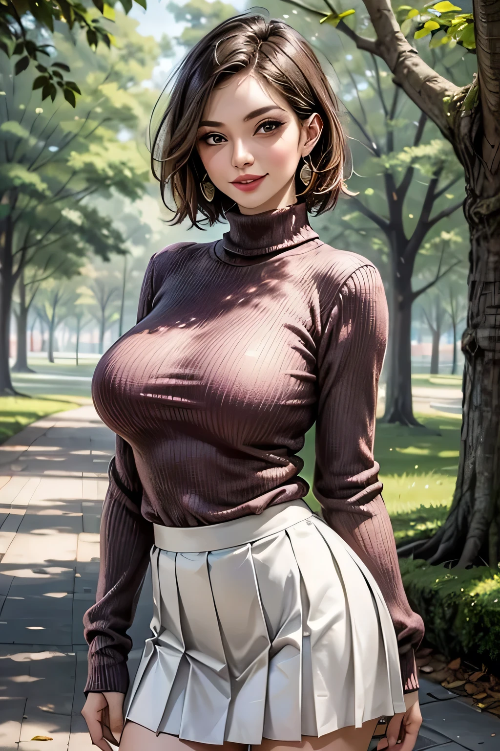 ((1. Ultimate beautiful woman )), mature, beautiful face, brown eyes, double eyelids, long eyelashes, ((Big Breasts)), grin, chaming gaze, bob hair , (pink turtleneck sweater, light brown short pleated skirt), thigh, (background: There are many trees in the park), accessory, ((cowboy shot)), (writing depth), ((masterpiece)), (( Top Quality)), realistic , 16K HD, very thorough, realistic lighting