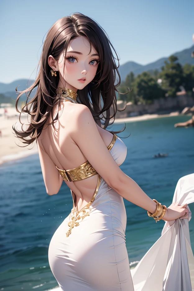 Very detailed, beautiful, highest quality, Professionally taken photos, Like a poster, detailed beautiful round eyes, beautiful detailed face, Whole Body Ezbian, Medium Long Hair, Casual Hairstyles, (Random color hair, Golden mesh), Big eyes, Random color eyes, Long eyelashes, Thick mascara, Dark eyeliner, (Huge breasts), (Bust about to burst:1.4), Rich assortment, Thick waist), (Wide Hips:1.4, Toned thighs, Body Curves), 40 years old, woman, (Tight Dress, White), Perfect Face, Perfect body, Sexy pose, (A shy smile), Random Location, nature, (alone), The light on my face,