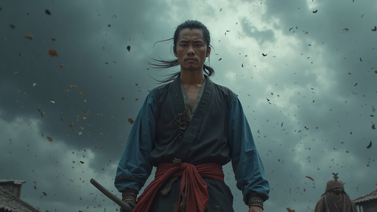 Artistic illustration of a young healthy and angry Hmong man, he holds a sword, he wears a black long sleeved shirt, black pants, blue sleeves, red belt at the waist, dirty clothes, hair in a ponytail, wind blowing, he is sad, dark stormy sky in the background, the setting is 1960s, low angle, digital art, 4k hdr
