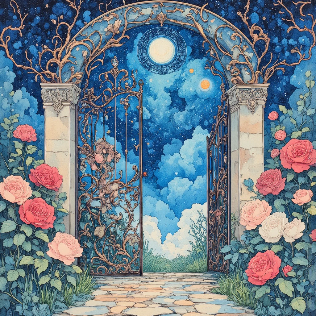 A dreamy and mystical watercolor painting.
A delicately ornate Art Nouveau-style wrought iron garden gate, freestanding and not connected to any walls or structures, slightly ajar on a simple stone path.
The roses are blooming only beyond the gate, in a lush, radiant rose garden illuminated softly by celestial light.
The sky above is painted in deep indigo and ultramarine, filled with twinkling stars and delicate hints of constellations, creating a magical, otherworldly atmosphere.
The scene glows with a transparent bluish tone and high color saturation.
Vividly colored roses — crimson, blush pink, and ivory — bloom vibrantly just past the gate, forming a beautiful contrast against the cool-toned, ethereal background.
A soft decorative frame of watercolor textures surrounds the image, featuring flowing Art Nouveau floral motifs like vines and roses.
No human figures.
The mood is poetic, mysterious, and cosmic — as if standing at the threshold between reality and dream, earth and stars.
High detail, glowing gradients, translucent watercolor effects, and luminous lighting.