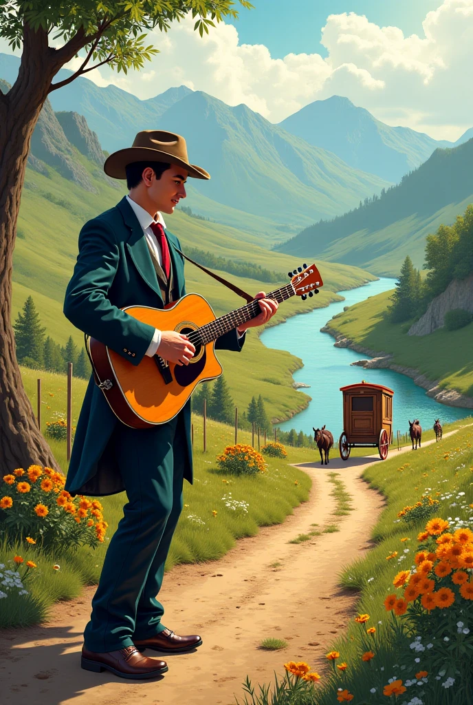 A game box representing a man with a jazz guitar, a 2-horse caravan, a road near a river