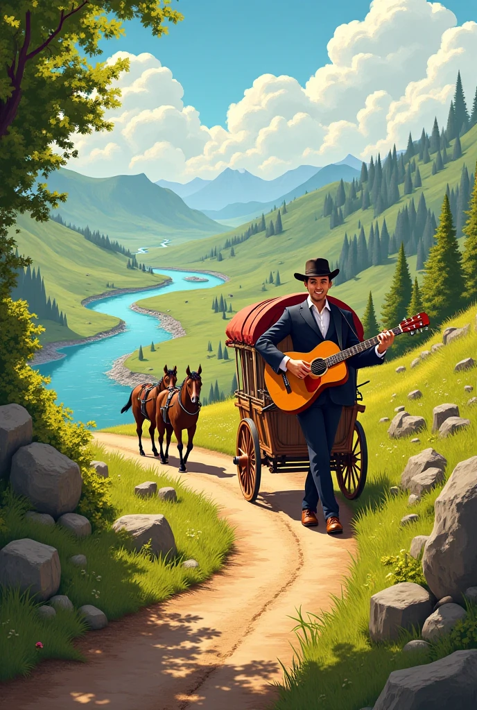 A game box representing a man with a jazz guitar, a 2-horse caravan, a road near a river