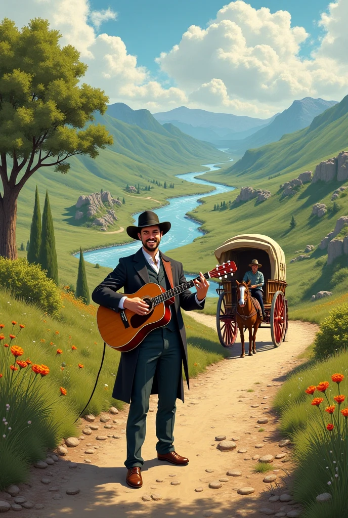 A game box representing a man with a jazz guitar, a 2-horse caravan, a road near a river
