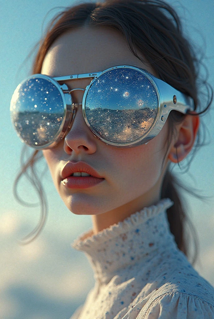 The model is wearing glass sunglasses with stars and the moon on the glass