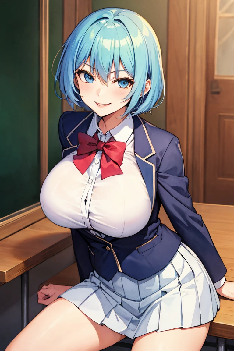 breast focus,loose school uniform is sheer, button gap,(covered nipples:0.7),breasts,under breasts ,red white gold uniform,(side-tie peek:1.5),(button gap:1.5), white skirt, white top, red ribbon, golden buttons, golden shoulder pats, young adult, 19 years, (embarrassed,blush:1.5),blonde hair,half updo hair, open mouth,brown eyes, beautiful brown eyes, big breast, striking body curves, horny smile, pink lips, tiny girl, cute pose, masterpiece, classroom background, school