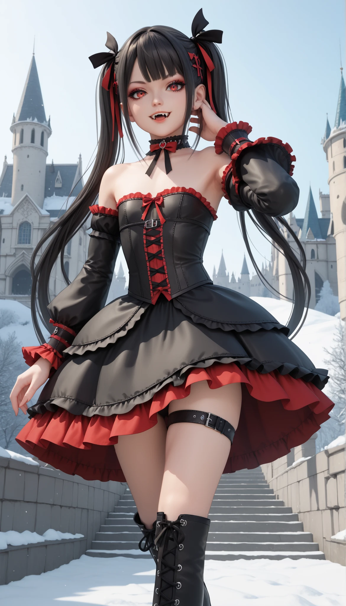 cute european girl, young, short, dress, hair ribbon, bare shoulders, twintails, gothic lolita, gothic outfit, flat chest, collar, black ribbon, thigh strap, straps, frilled sleeves, detached sleeves, choker, dark teal hair, long twintails, cute face, red crimson eyes, looking at viewer, black chocker, sexy legs, high thigh black boots, perfection, flawless, royal, luxury, rich, clear blue sky, outdoor, evil castle, medieval winter lands, lolita fashion, black ribbon, seductive walk, walking forward, playing with her hair, hand in hair, dark cold night, freezing, pale white skin, mean laugh, large vampire fangs, from below, cowboy shot, masterpiece