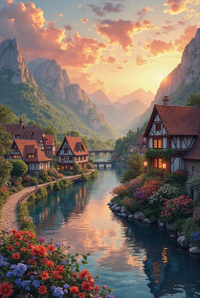 A small town by the river, mountains in the background, colorful floral flowers, detailed landscape, beautiful natural landscapes, atmospheric lighting, scorching sunset, warm colors, practical, photographic, detailed foliage, complex buildings, cobblestone street, charming country house, vibrant colors, lush vegetation, reflections in the water,  picturesque, idyllic, artwork, best quality, 8K, extremely detailed, anime style