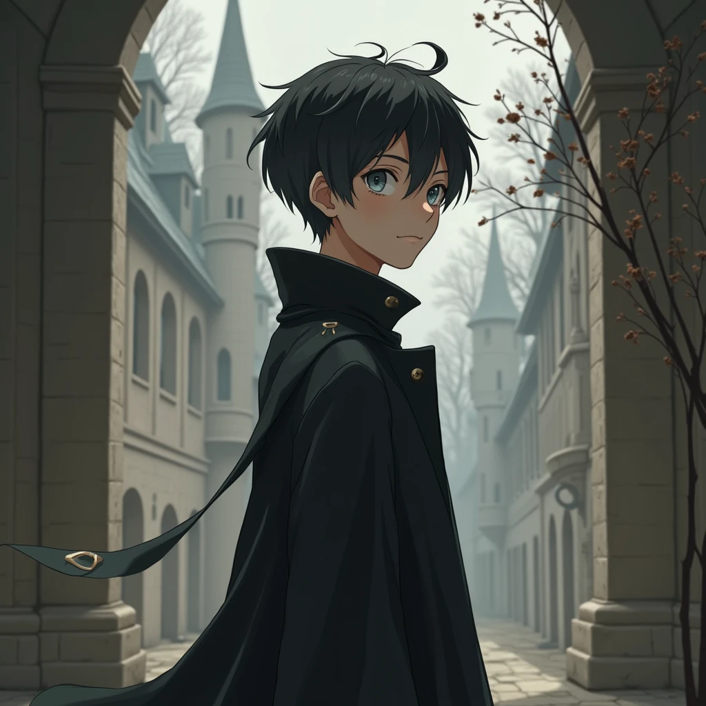 boy, ager, anime, slim, black short hair, gray-blue eyes, pale skin, dressed in dark elegant clothes, simple coat, middle ages