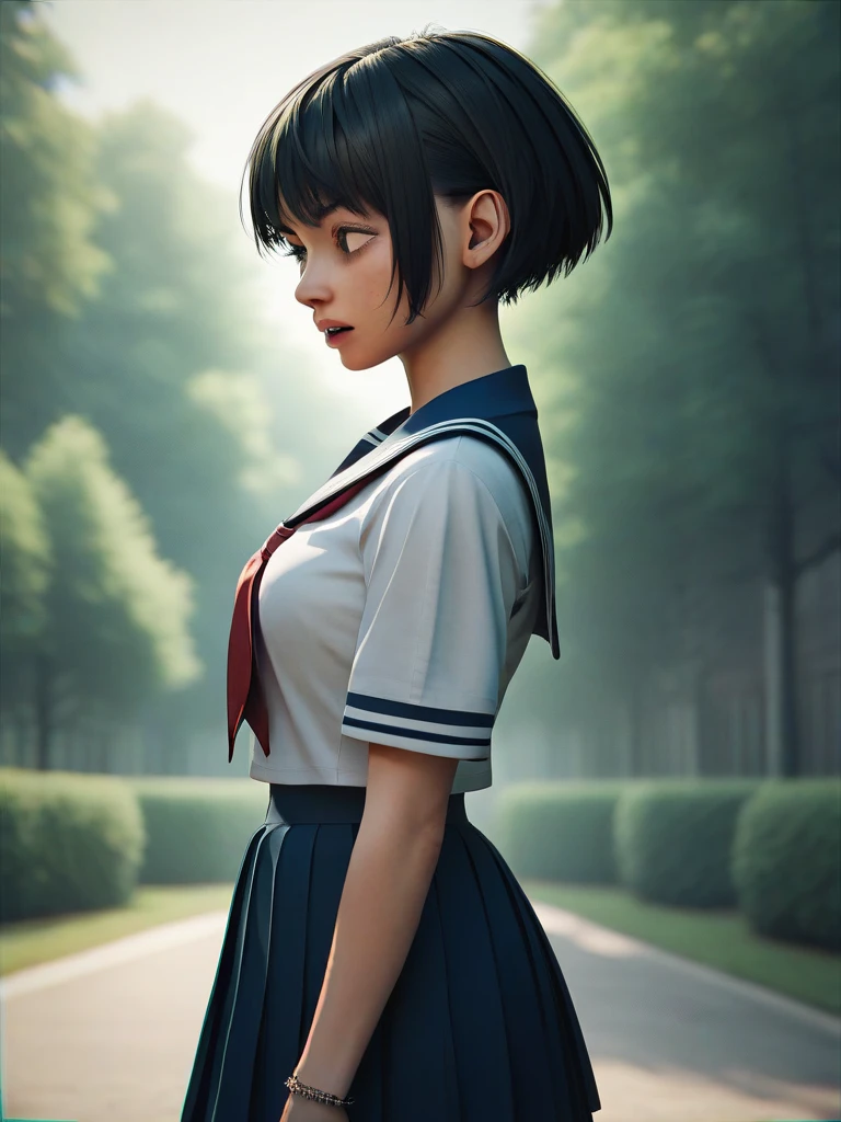 4 middle school girls、uniform、1 has short boyish hair、One has short hair、1 person is long、1 person has a ponytail、All black hair