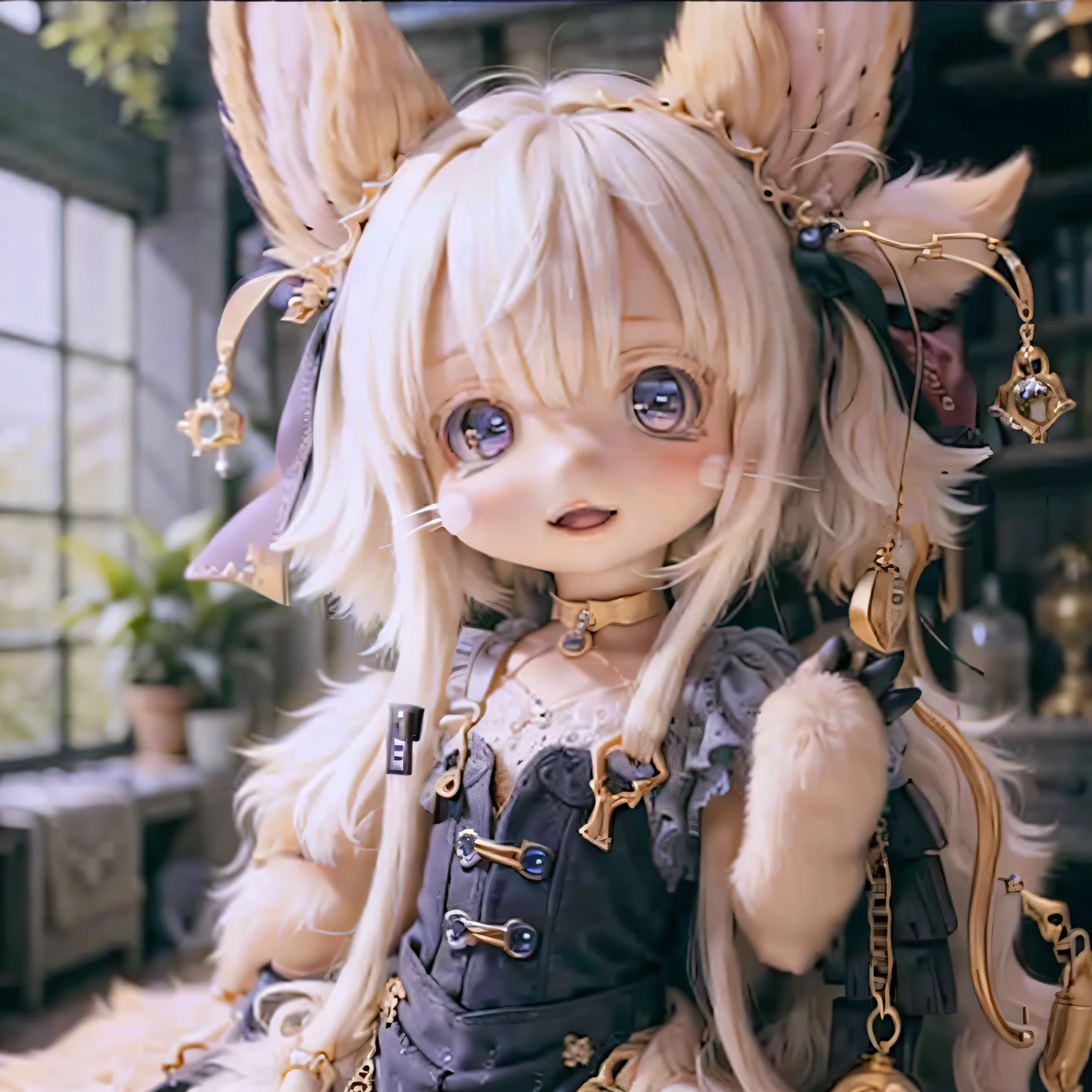in the garden, Smiling Girl, Similar to Nanachi from Made in Abyss. She is beautiful, Fine eyes and lips. The girl (((Chibi Style,))) . The image quality is excellent, Highly detailed and realistic features. The artwork medium is a combination of illustration and photorealistic rendering.. The colors are vivid、The lighting creates a warm and cheerful atmosphere。Casual full body(((((Cute pink dress)))))