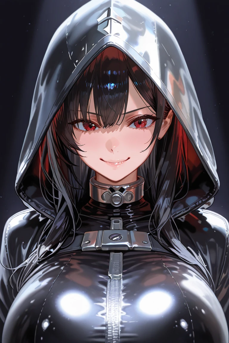 liquid girl, transparent slime, black slime, sticky, glowing eyes, factory background, black slime dripping from body, covered with slime, red glowing eyes