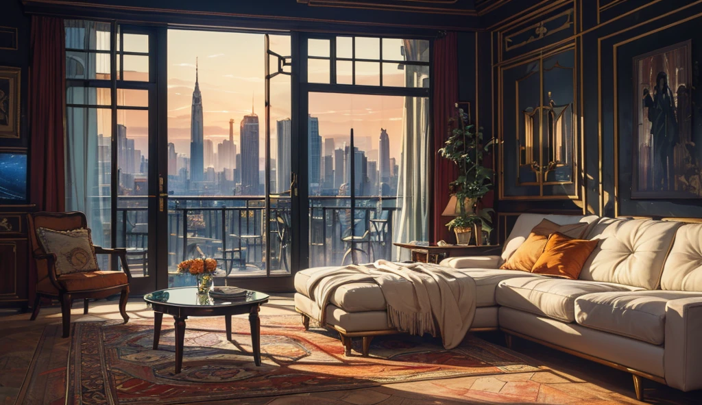 The ultra-realistic and carefully designed scene depicts a spacious living room with panoramic windows, overlooking the futuristic city. skyscrapers, made in white and orange tones, sparkle under the setting sun, reflects highlighting its light in geometrically complex glass facades. In the center of the room is a minimalist white sofa with smooth curves, on which bright orange decorative pillows lie. The walls of the room are decorated with stunning sci-fi concept art, depicting futuristic spaceships and landscapes of distant planets. On the floor lies a carpet with an abstract pattern, reminiscent of the starry sky. There is a light haze in the air, giving the scene softness and depth. The room is illuminated in the form of built-in, LED panels creating warm light and emphasizing modern interior lines. Every element of the scene, from the texture of the furniture to the reflections in the windows of skyscrapers, is made with high detail by leasing, creating an atmosphere of a utopian future.