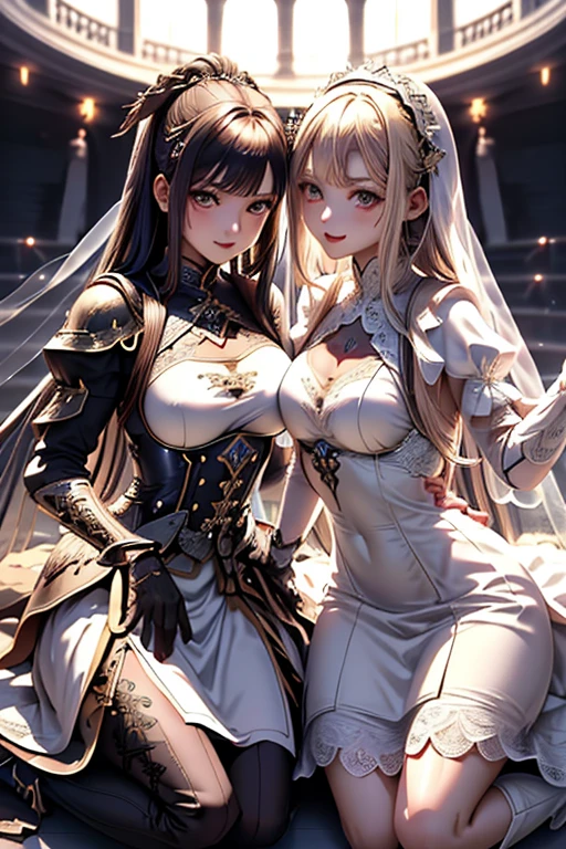 2girls, yuri, couples, (hug:1.1), armored dress, curvy, (spoken heart:1.3), (spoken heart:1.3), (spoken heart:1.3 ), white simple background, (masterpiece, Best Quality:1.3)