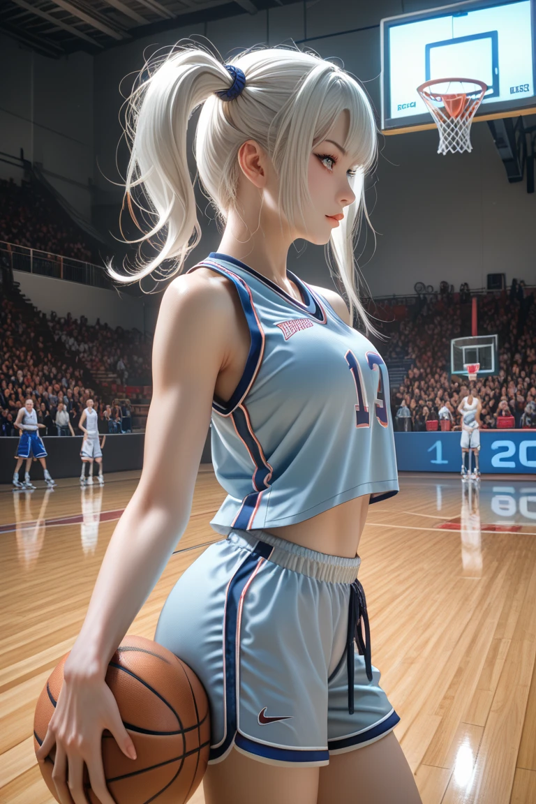 Masterpiece, anime CG, girl, white hair, wheat-colored skin, bodysuit, sports girl, wearing basketball uniform, smooth texture, silk texture, green pupils, perfect eyes