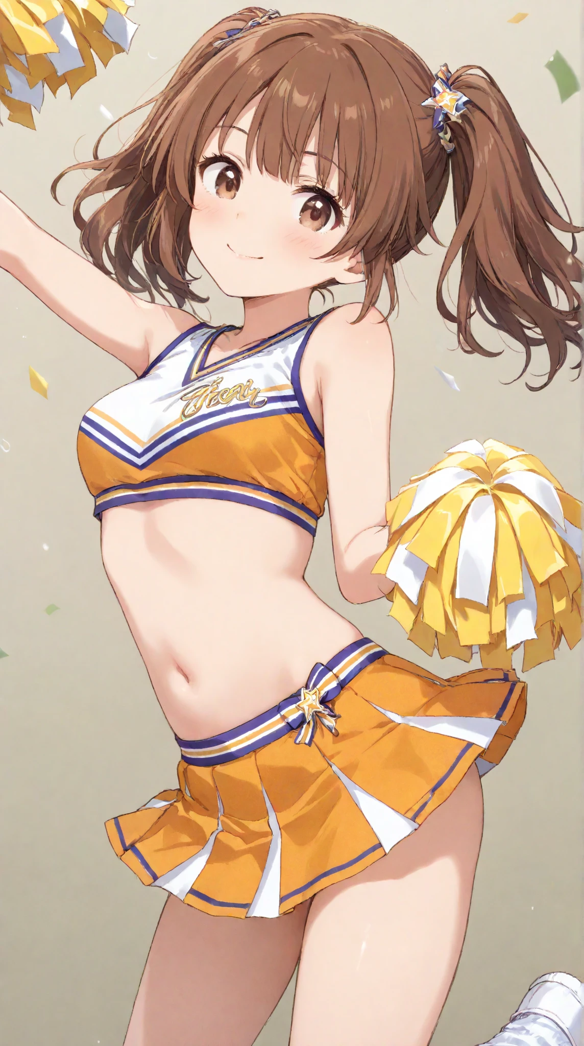 (highest quality:1.2), masterpiece, High resolution, perfect lighting, Lens flare, Cheerleader, jump, long hair, brunette hair, holding a pom pom, gush, Sleeveless with wide open chest, Brilliant, fine eyes, Underwear fully visible skirt that bounces energetically, break ((colorful confetti)), stadium, nice, C cup breasts, sparkling, effect、Underwear fully visible、sexy、smile、extraordinary smile、cute、