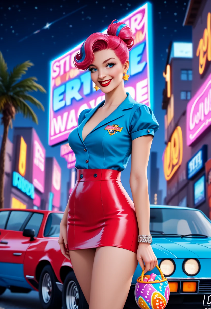 full body portrait, Supergirl 1980s \(style\), 1 anime girl, red hair, retro artstyle, short curly hair, solo, red dress, red shoes, unbutton_shirt, (natural_breasts:1.2), medium_breasts, cleavage, white bra showing, lace white bra, full body shot, model pose, shoes visible, ass view, face view, multiple viwes,