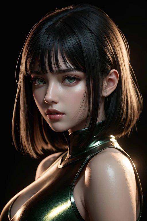 1 menina,  stareye, corar, perfect lighting, black hair,  green eyes, Unreal Engine, side lighting, detailed face, franja, shiny skin, simple background, dark background