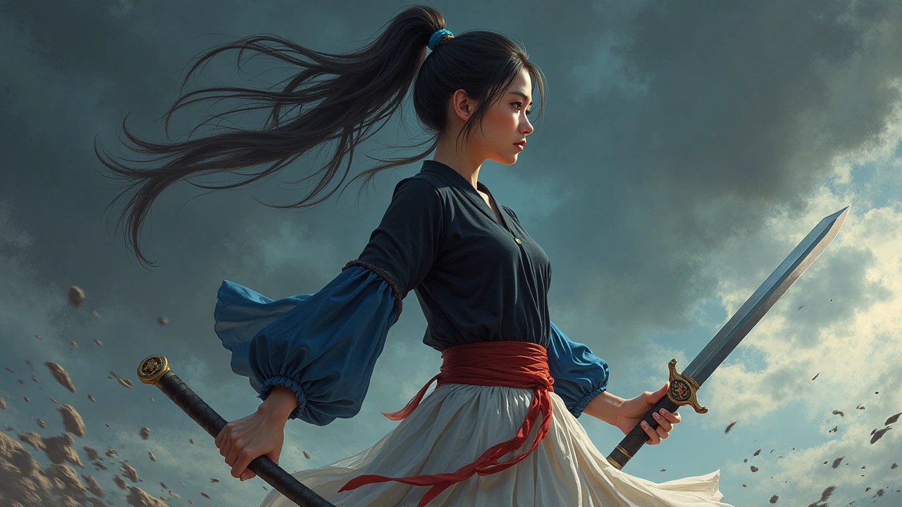 artistic illustration of a beautiful young angry Hmong woman, she is holding a sword, she is wearing a black long sleeved shirt, wearing a white skirt, with blue sleeves, with a red belt at her waist, dirty clothes, hair in a ponytail, wind blowing, she is sad, dark stormy sky in the background, the setting is 1960s, low angle, digital art, 4k hdr