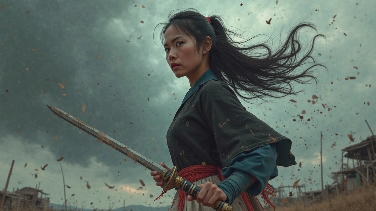 artistic illustration of a beautiful young angry Hmong woman, she is holding a sword, she is wearing a black long sleeved shirt, wearing a white skirt, with blue sleeves, with a red belt at her waist, dirty clothes, hair in a ponytail, wind blowing, she is sad, dark stormy sky in the background, the setting is 1960s, low angle, digital art, 4k hdr
