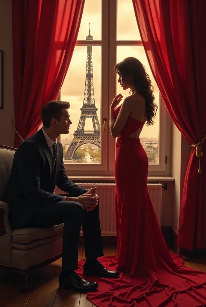 There should be an image for my book with the title, The Forbidden Dreams of Paris, it is about a man and his wife being happy, The man always has a dream when he goes to sleep and that always, the dream goes so that he sees his wife again and again in a bedroom or screwing in a bedroom, she has a nice dress on the Vremde a suit and she has wavy beautiful hair, The man from her sitting in the chair and watching the whole thing and is always slightly excited, That goes on that the one-day vacation in Paris and there is an event that the husband and wife get to know a couple and they get introduced to their willa and there there between the couples there comes a nice excitement and has, The point is that in the first page of the book the two should be placed as figures and the other should be seen in the background like the dream. Please insert title, and it should be , the story should be presented, with the stranger, Her husband and the dream and the , Fucken und alle drei