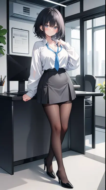 One Girl、positive、Standing posture、Full body portrait、Black Hair、Medium Haircut、blush、Absolute area、Black knee-high socks、Knee-length、stockings、Black Pantyhose、White underwear、Light blue shirt、Blue-gray business suit、Grey tight mini skirt、Japanese office lady、Summer clothes、office、Daytime、（Very large breasts）、Cleavage、open chest shirt、((Lesbians all over))、masterpiece、（highest quality）、
Panties around the ankles、Black high heels