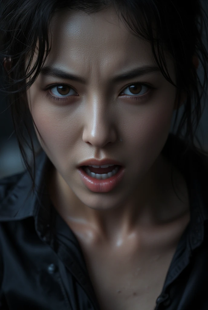 masterpiece, best quality, ultra detailed, high resolution, 8k, hyper-realistic, photorealistic, portrait of a beautiful Japanese woman, furious expression, angry eyes, tensed facial muscles, mouth open in a scream, clenched jaw, visible veins on forehead, dramatic cinematic lighting, dark background, emotionally charged scene, realistic skin texture