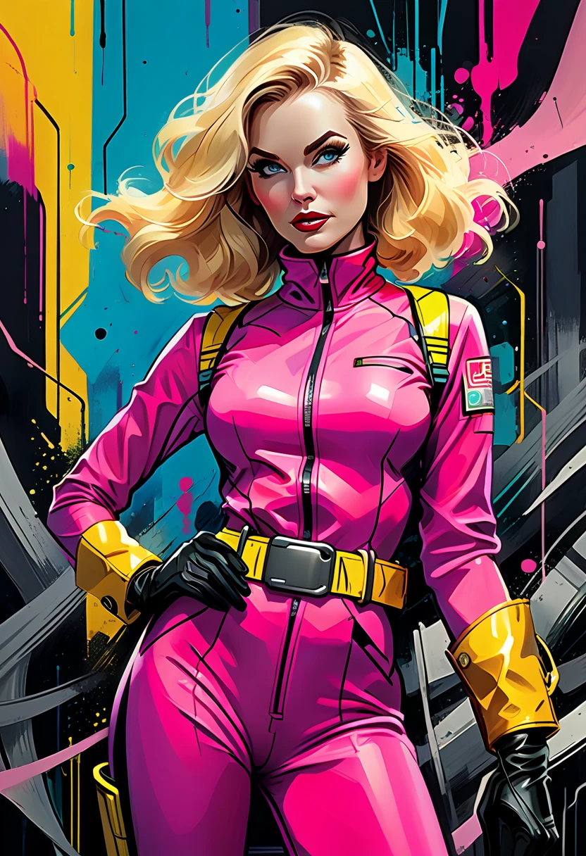 dr Blight is a middle-aged female scientist with blonde hair hanging 

over her left eye and who usually wears tight pink spandex jumpsuits 

with a yellow utility belt slung loosely around her hips, long 

elbow-high dark gloves, high-cut boots, abstract art style, colors, 

bold brushstrokes, playful, trendy, art deco, high contrast, unique 

composition, abstract, (((masterpiece, good quality, intricate 

details, high quality, best quality, 8k, in focus, sharp focus))) 

[[naked, nude, low quality]]