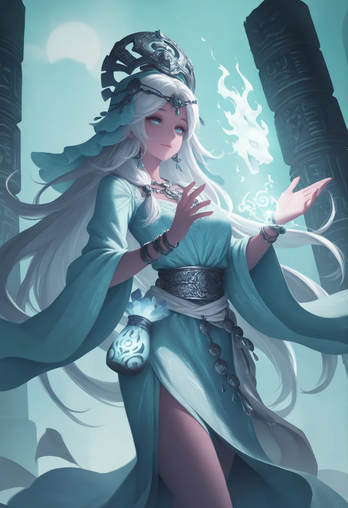 1girl,tribal witch, embroidered blue linen dress, (silver spirit-bell sash:1.2), feathered headdress, glowing herbal pouch, casting ritual with bronze dagger, (mystical green mist:1.1), ancient totem pillars at night
,masterpiece, best quality, newest, highres, absurdres,