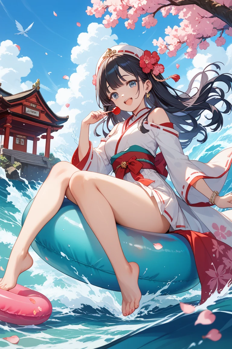 (pov kimono style swimsuit) (beautiful body), (solo:2, 15 yo, blunt bangs:1.3 black hair long hair sexy shrine girl, sexy closed eyes, happy smile), (in a japanese modern:1.3 shrine swimsuit, wabisabi:1.3, white and red), break, in the Swimsuit contest venue, background Double Exposure beautiful ocean, BREAK, perfect anatomy, masterpiece, best quality, 16k, beautiful detailed love, sexy, daydreaming expression.