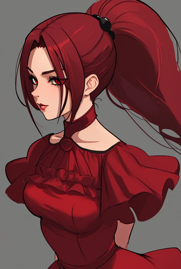 (Naked) Masterpiece, best quality, 1_woman, (upper body), (Caucasian skin_complexion) (showing offher butt) bent  , long double hair braids, dark red hair, diamond shaped eyes, , large_bust, chest window, cleavage, dark red (Victorian blazer),tan halter top blouse, double button breast, long dark red (Lolita skirt), silver trim, black tights, barefoot, small waist