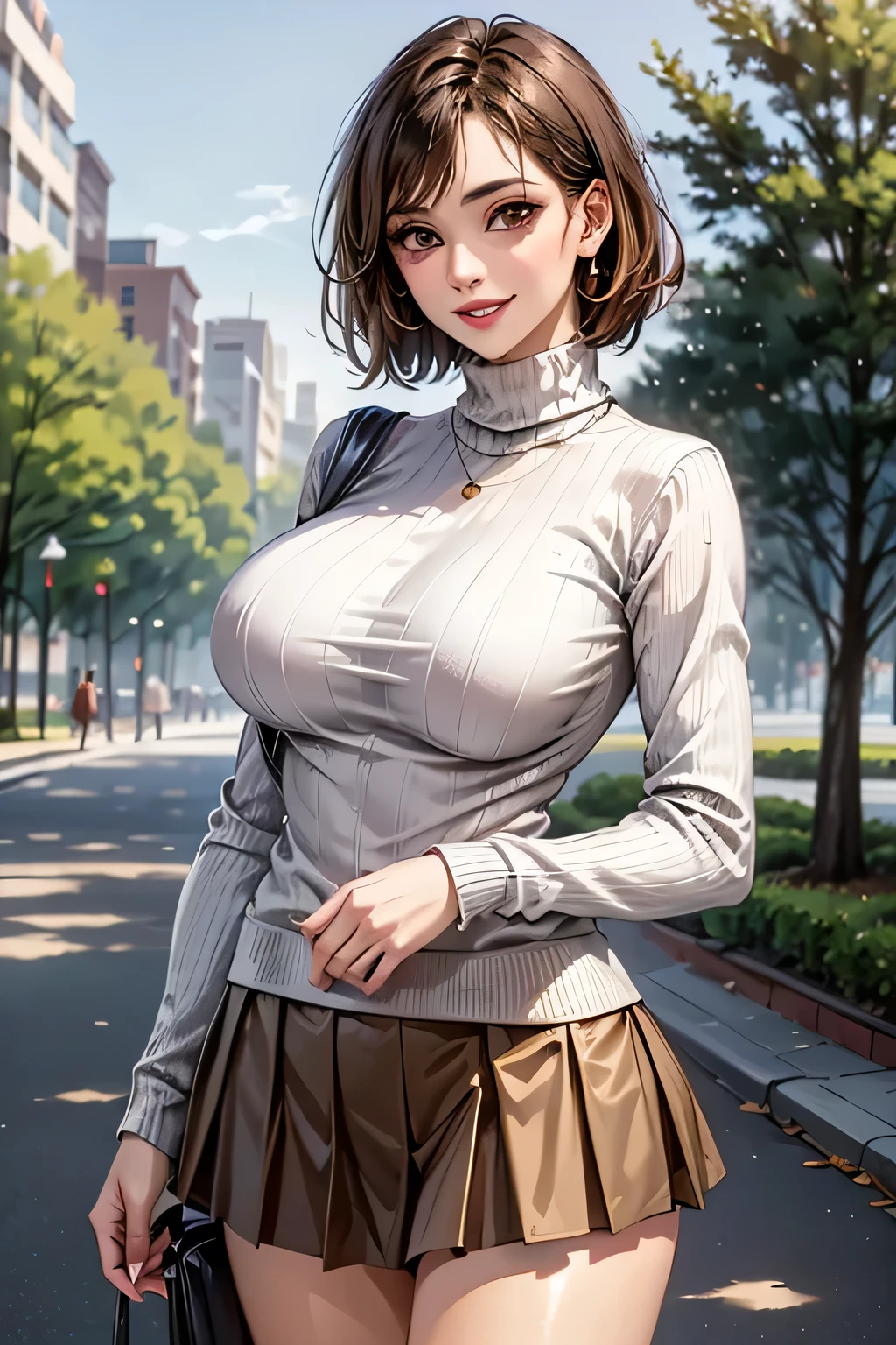 ((1. Ultimate beautiful woman )), mature, beautiful face, brown eyes, double eyelids, long eyelashes, ((Big Breasts)), grin, chaming gaze, bob hair , (pink turtleneck sweater, light brown short pleated skirt), thigh, (background: There are many trees in the park), accessory, ((cowboy shot)), (writing depth), ((masterpiece)), (( Top Quality)), realistic , 16K HD, very thorough, realistic lighting