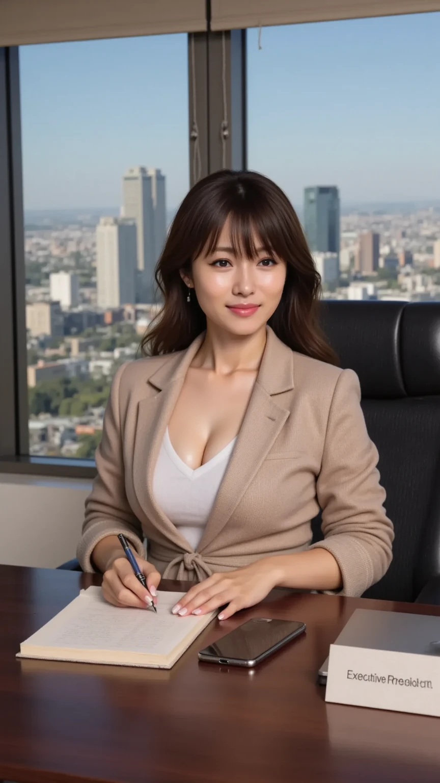 (((photo realistic:1.3))), (8k, RAW photo, best quality, masterpiece:1.2), ultra high res, professional photograph, ((1Woman:1.4)), (((Take photos from the face to the between legs))), Looking at Viewer, Detailed Face, beautiful fine face, unparalleled beauty, anatomically correct, beautiful row of teeth, celebrity, Secretary, ((japanese mature)), woman in her 40s, actress face, dark Brown Hair, large breasts, beautiful breasts, large ass, plump body, ((company Uniform, Uniform Jacket, Blouse, Mini-Skirt, thighs)), ((inside the office, standing pose, Showcasing cleavage, Half smile)), ((natural light lighting)), ((No text))